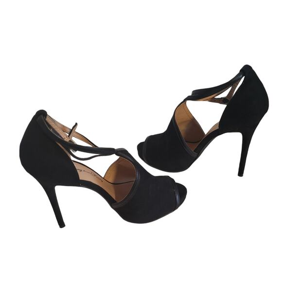 Penny Loves Kenny Women's Velvet Black Cross Strap Peep Toe Stiletto Heels Sz 6 - Picture 1 of 6